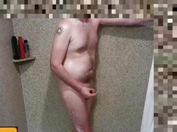 Chubby guy showers after gym, Jerks off in shower