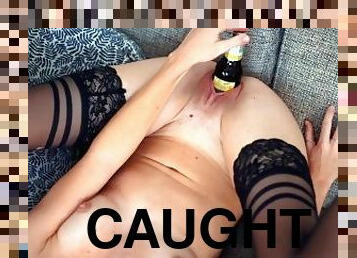 Teen inserts beer bottle while watching porn!