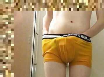 Twink Pissing in Yellow Boxer Briefs