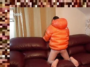 Fetish Leather Sofa Humping With North Face Down Jacket Ends With Cum Covered Nylon.