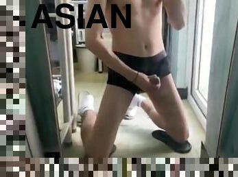 asiatisk, masturbation, cumshot, avrunkning, juckande, sprut