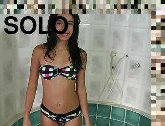 baden, latina, dusche, allein, bikini, brunette