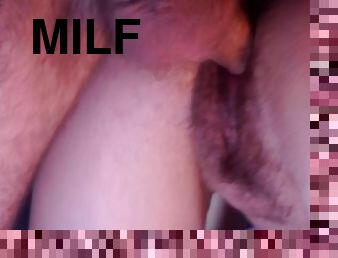 hundestilling, behåret, gammel, orgasme, fisse-pussy, kone, amatør, milf, mor, sperm