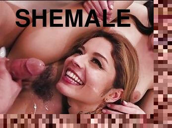Shemale and two girls fucking - cumshot