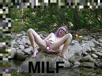 Milf Smoking Blowing Bubbles Masturbates And Washing Pussy In Creek