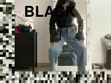 Wide leg flared palazzo jeans sissy in black jacket masturbating and waiting for mistress to suck cock and BDSM