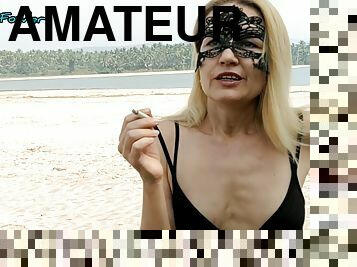 zunaj, amaterski, milf, plaža, kurba-slut, blond, fetiš, majhne-prsi