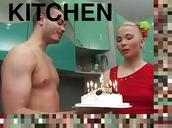 Chick gets her virginity fucked in the kitchen