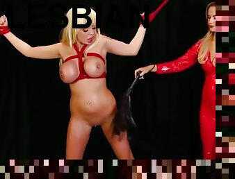 Tied Up Blonde Slave With Huge Tits. Lesbian Dominatrix