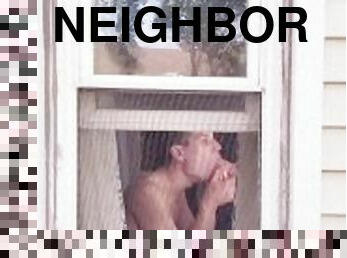 Neighbor Twink using dildo on ass and mouth in window