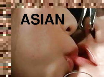 asiático, maduro, lésbicas, japonesa, sexo-em-grupo, escravo, beijando, humiliação, morena