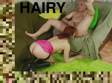 Redhead whore licks hairy man's ass before he fucks her