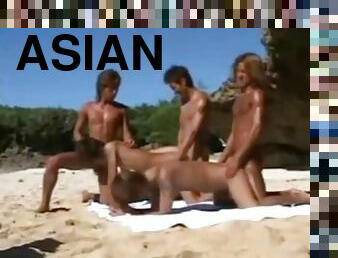 asiatisk, utendørs, anal, gruppesex, strand, kåt