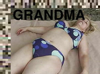 Hot grandma is used by two dudes outdoors