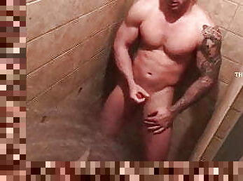 banhos, masturbação, pénis-grande, gay, webcam, americano, chuveiro, musculado
