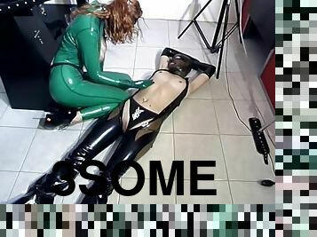 Latex threesome on the floor