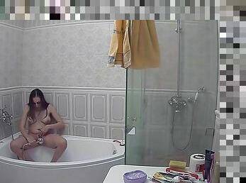 baignade, masturbation, amateur, espion, douche, solo, brunette