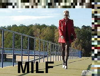 lunettes, en-plein-air, collants, maigre, milf, bas, européenne, euro, en-nylon, talons-hauts