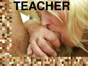 Old blonde teacher swallows two young cocks at once