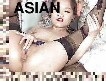 aasialainen, masturbaatio, pillu-pussy, pitkät-sukat, alusasut, täydellinen, pikkuinen, nailon, korkeat-korot, jalat-legs