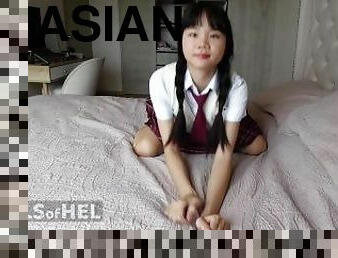 Asian school girl Baebi Hel plays with her pussy in school uniform