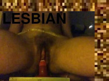 lesbian with clit dick rides dildo hard!