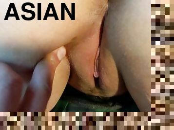 asiatisk, fisse-pussy, amatør, fingering, bil, synsvinkel, snæver, bagsæde, våd, realitet