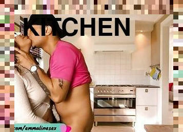 Sex in the kitchen with a beautiful married brunette who got away from home