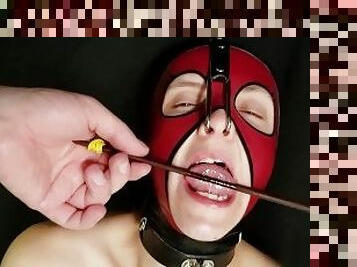 Face Domination & Humiliation - Sexy latex sub enjoys nose hooks, tongue clamps & mouth fingering