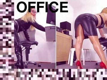 bureau-office, collants, secrétaire, fétiche, bottes, en-nylon, cuir, jambes, taquinerie