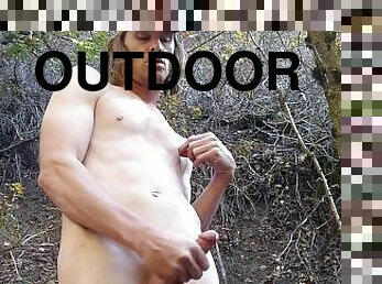 masturbation, nudist, utomhus, amatör, cumshot, gigantisk-kuk, sprut, kåt, ensam, skog