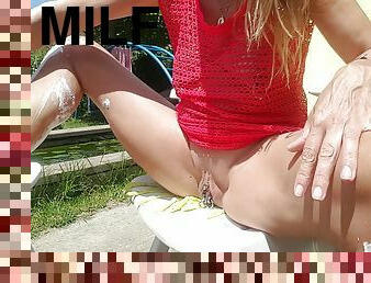 Nippleringlover Hot Milf Shaving Legs Outdoors Extreme Pussy And Nipple Piercings
