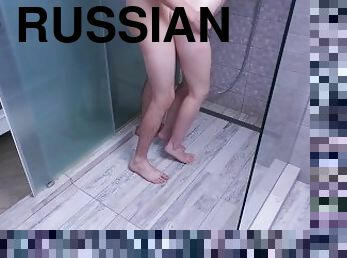 bañando, cuatro-patas, enorme, ruso, esposa, chorro-de-corrida, pelirroja, sucio, marido, corrida