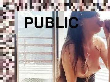 My gf sweetly suck a dick on a balcony in a public area