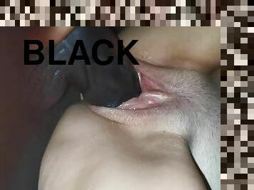 Huge black dildo stretches white pussy. Passionate wife crawls with pleasure!