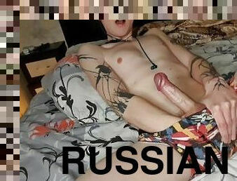 Intense Russian guy orgasm with Double Cumshot