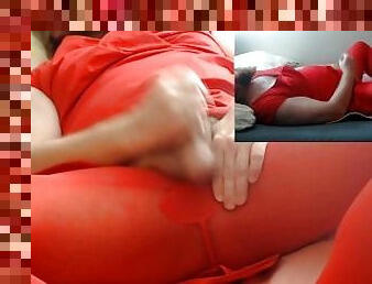 Stocking my hard cock in ladies clothing Red Dress and Red Panty Hoes So Hot!!!! Cum