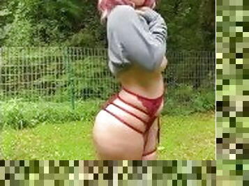 Curvy pink hair girl with pierced nips does big sweater striptease