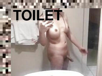Trans Anairb is just woke up straight to toilet and pull herself and cum before she taking a shower
