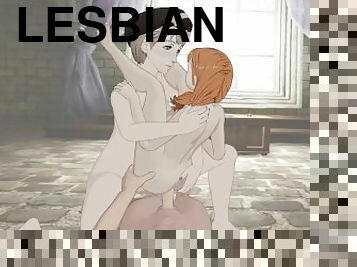 lesbian-lesbian, creampie-ejakulasi-di-dalam-vagina-atau-anus-dan-keluarnya-tetesan-sperma, bertiga, sudut-pandang, berciuman, animasi, jenis-pornografi-animasi, 3d, cowgirl-posisi-sex-wanita-di-atas-pria