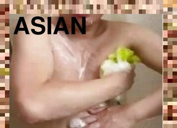 asiatique, grosse, masturbation, amateur, énorme-bite, gay, belle-femme-ronde, secousses, ejaculation, douche