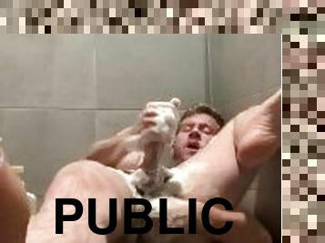 baden, öffentliche, homosexuell, blondine, dusche, nass
