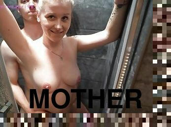 Pregnant girl fucks hard in the shower smiling