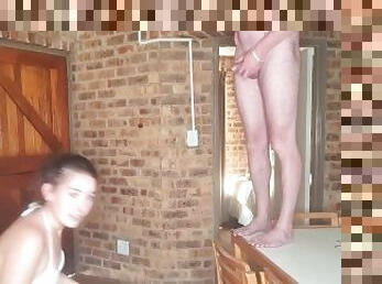 Standing on a table and pissing on bikini girls face  human toilet