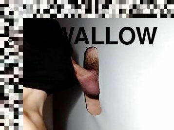 Big muscular guy, heavily loaded with cum comes to gloryhole for the first time
