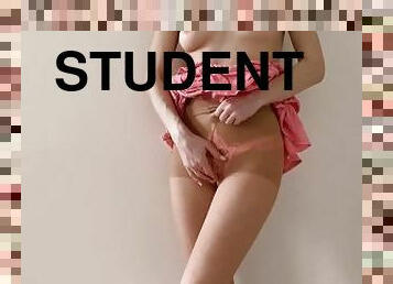 Very shy student shows what’s under her skirt. Pantyhose and Pearl thong that teasing erect clit