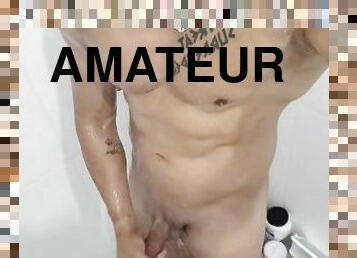 bañando, masturbación, amateur, gay, perfecto, ducha, a-solas, musculada, tatuaje