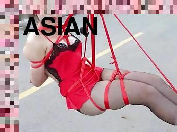 asiatisk, udendørs, strømpebukser, bdsm, fødder, strømper, fetish, bondage, brunette