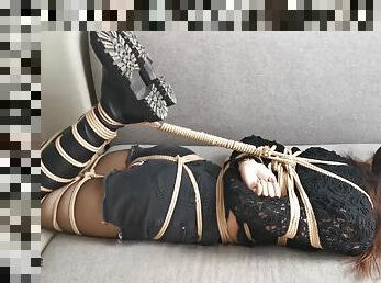 asiatisk, strumpbyxor, japansk, bdsm, svart, strumpor, fetisch, bondage, brunett