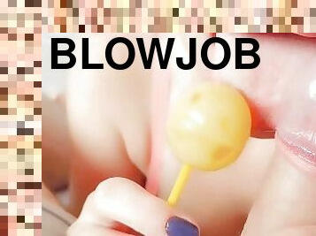 Hot stepdaughter sucks perfect blowjob with lollipop - Close Up